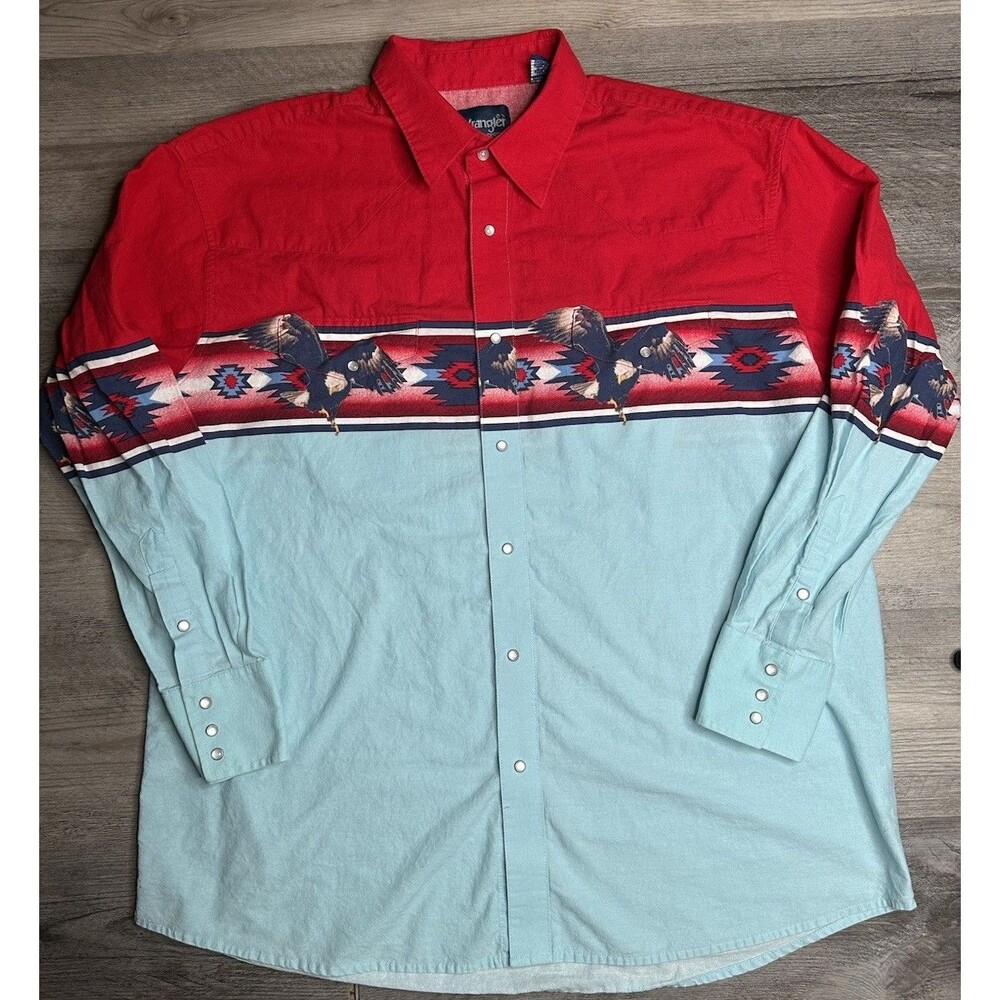 Wrangler VTG Pearlsnap Shirt Mens Colorful Loud Western America Eagle Aztec 2XL